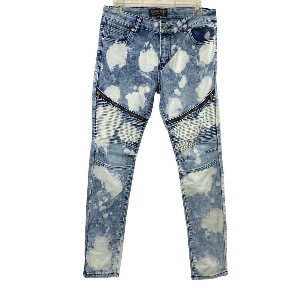 Diamond Stash Moto Skinny Jeans Womens‎ 9 Acid Wash Bleach Blue Punk Edgy Grunge